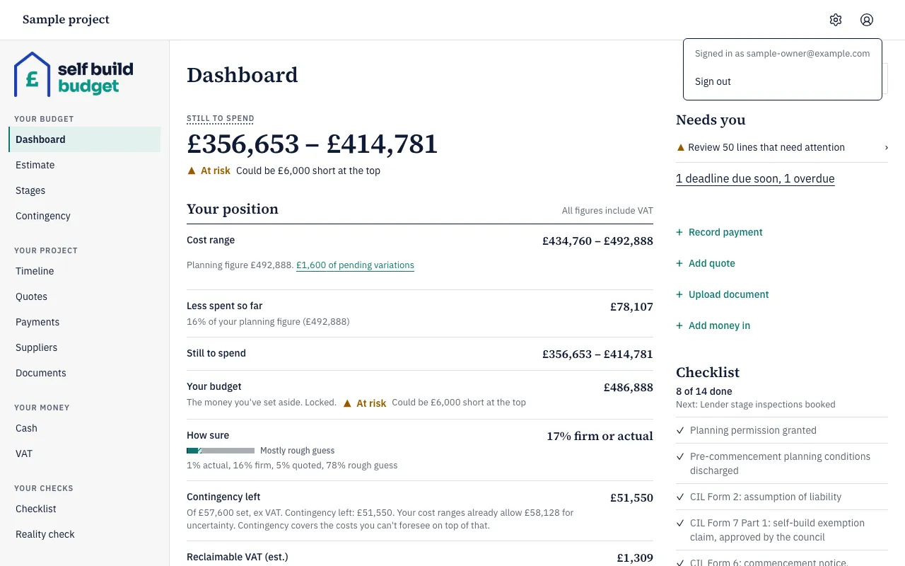 The account menu open in the header, showing the signed-in email address and Sign out