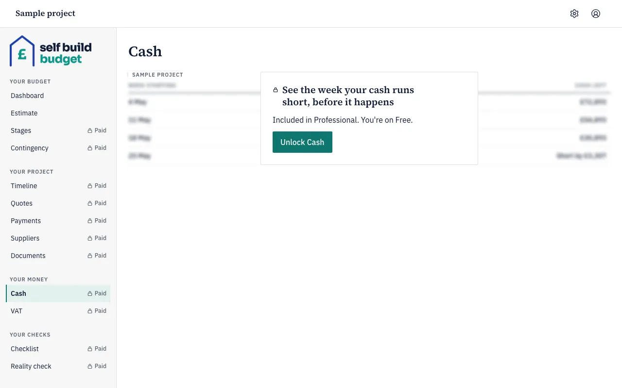 The Cash page on Free with a blurred sample project and an Unlock Cash button