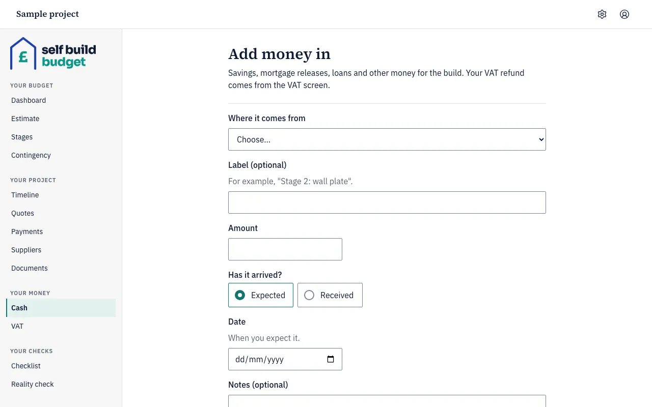 The Add money in form, with where it comes from, amount, expected or received, and date