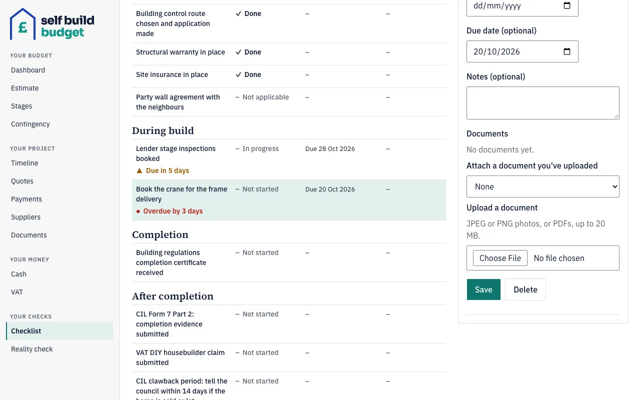 A checklist item opened beside the list, with its dates, notes and documents
