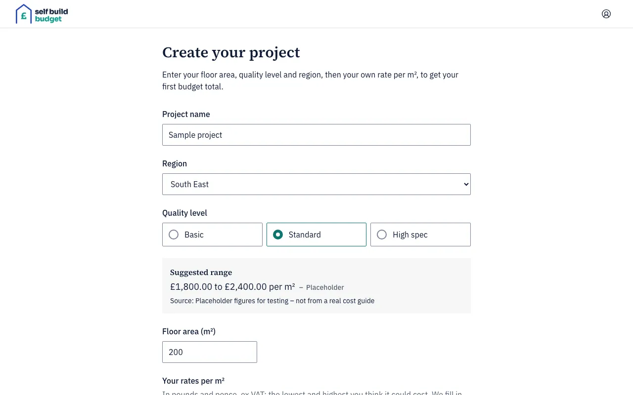The Create your project page with name, region, quality level, suggested range and floor area filled in