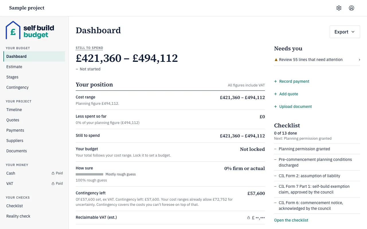 The Dashboard on Standard, with Reclaimable VAT (est.) showing a lock and £ ••,••• instead of an amount