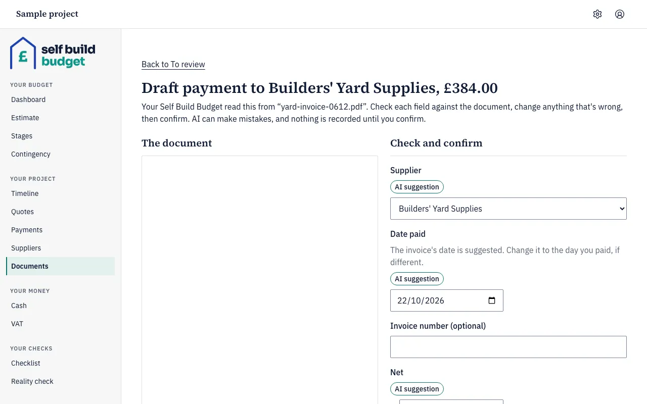A draft payment with the document on the left and the Check and confirm form on the right, with fields marked AI suggestion