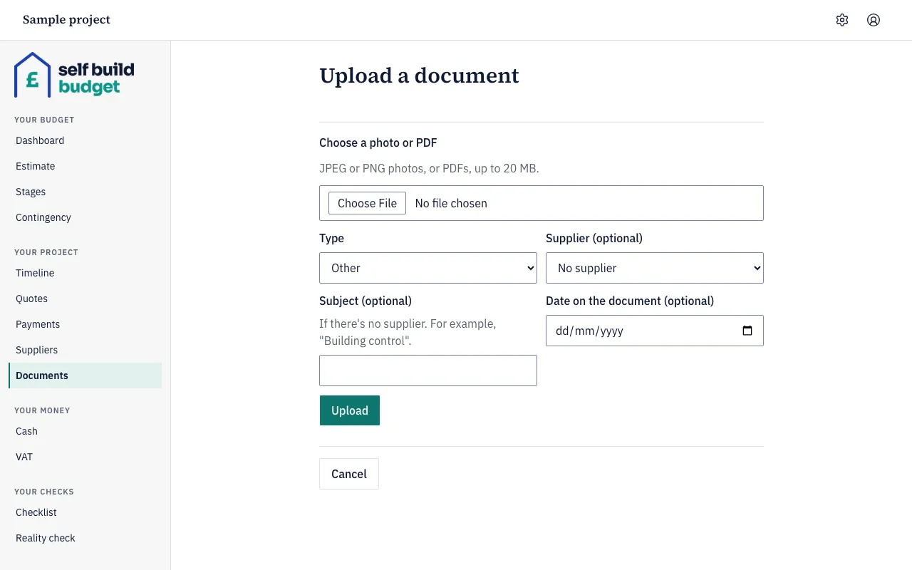 The Upload a document form with file, type, supplier, subject and date fields