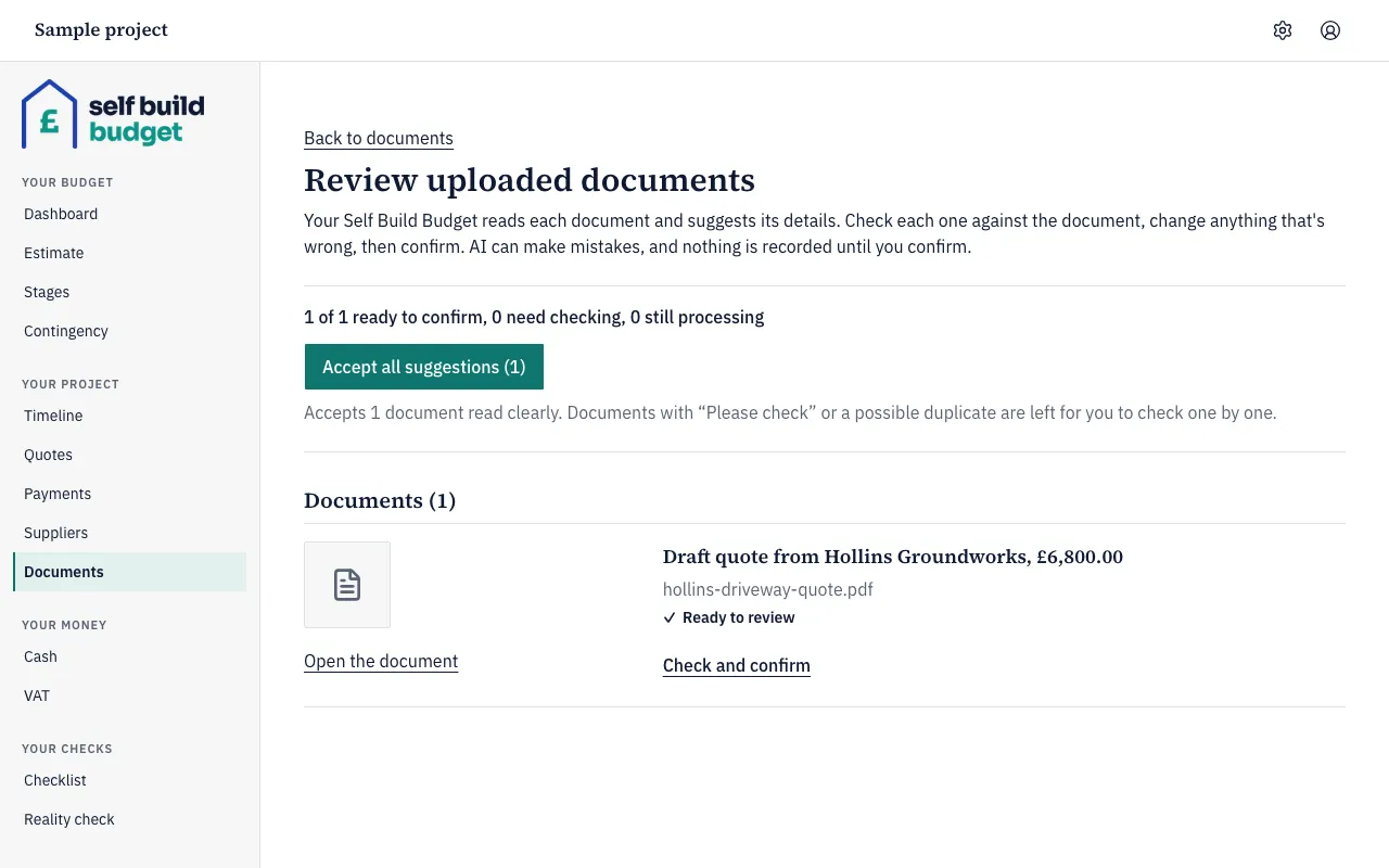 The Review uploaded documents page with one draft quote ready to confirm