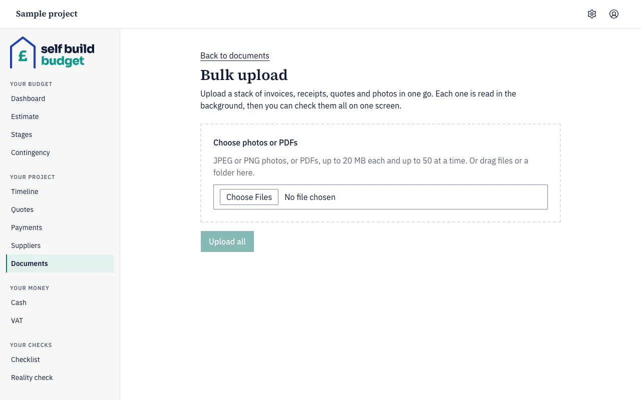 The Bulk upload page with a Choose Files button and an Upload all button