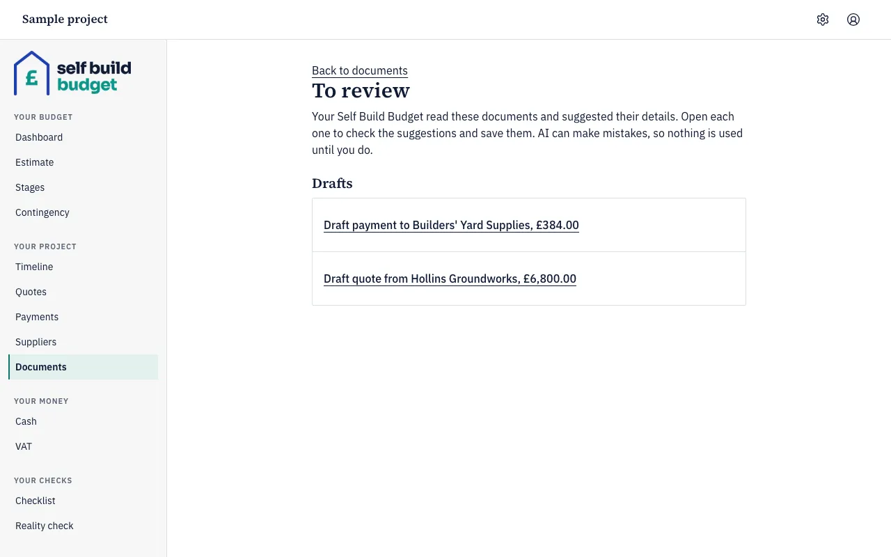 The To review page listing a draft payment and a draft quote under Drafts