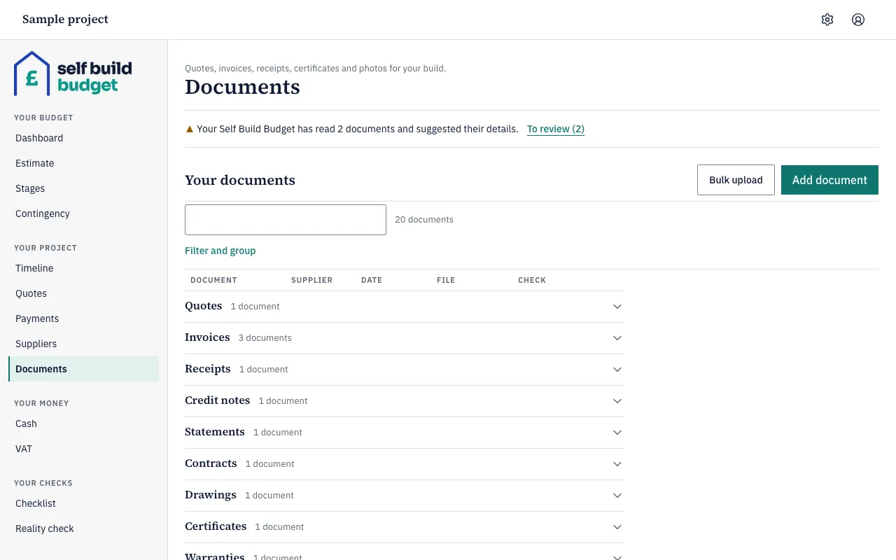 The Documents page, with documents grouped by type and two waiting to review