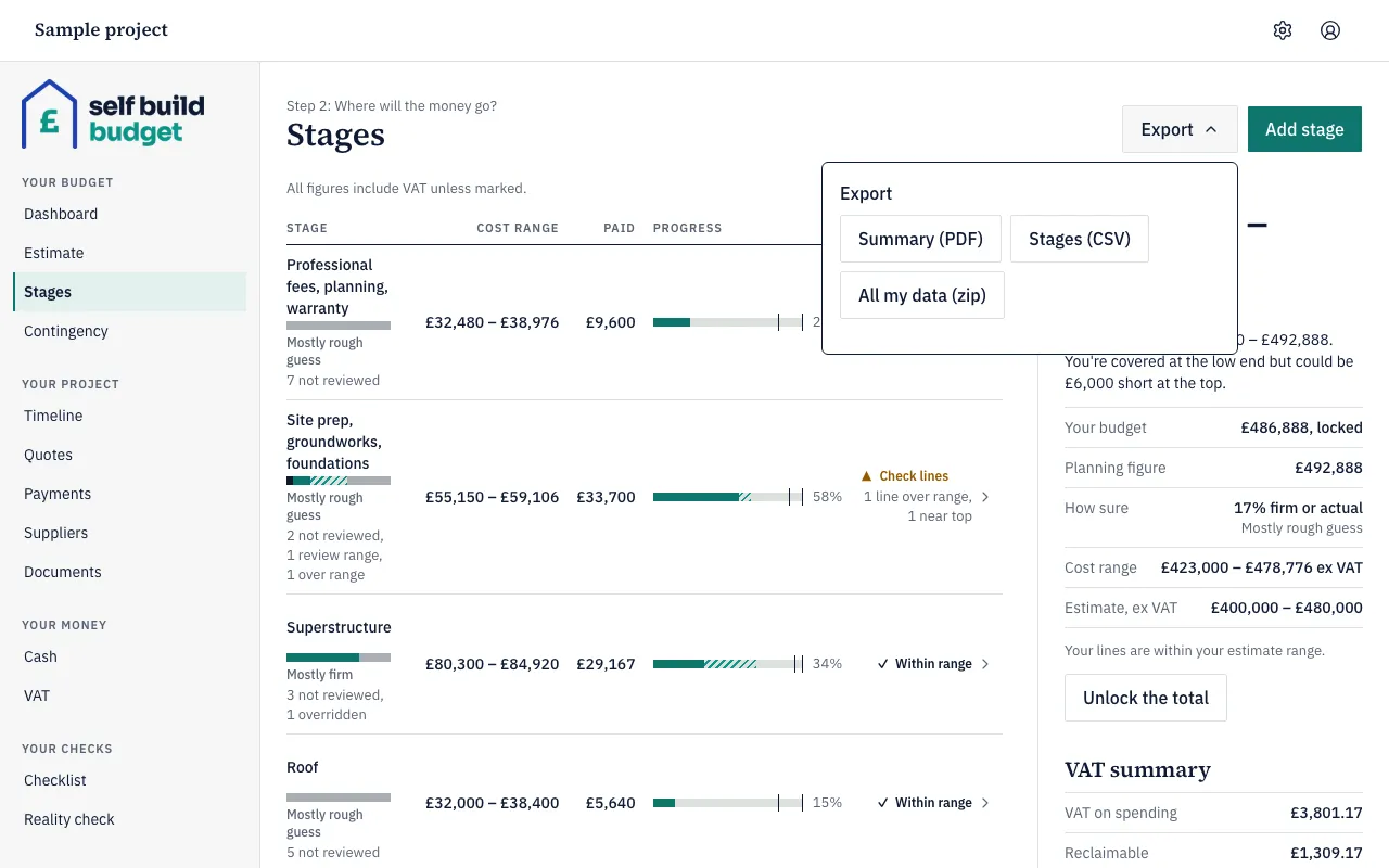 The Export menu on Stages, with Summary (PDF), Stages (CSV) and All my data (zip)