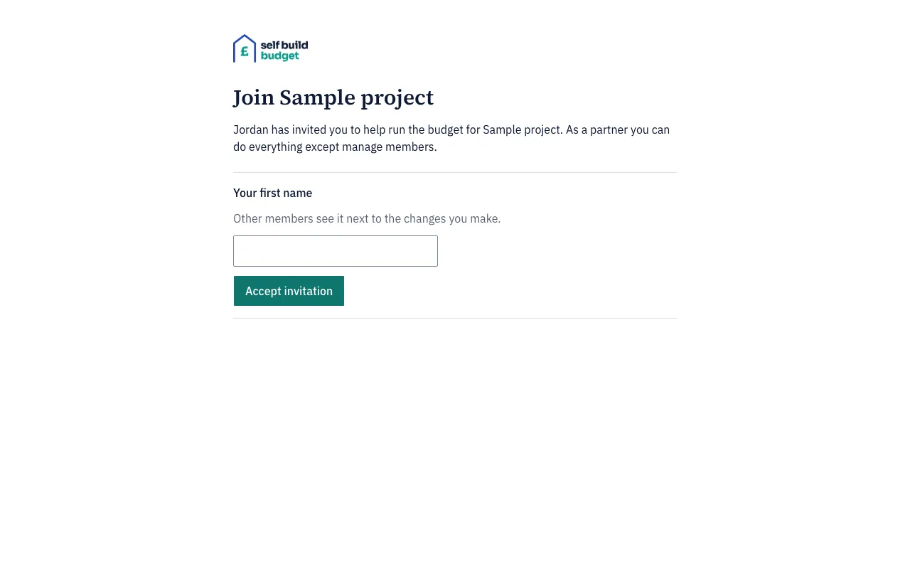 The Join Sample project page with the Your first name field and the Accept invitation button
