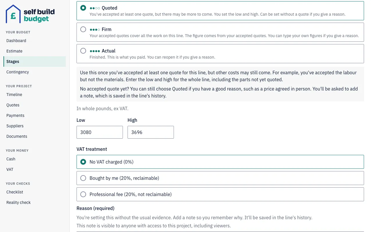 Moving a line up to Quoted with no accepted quote, with the Reason (required) field