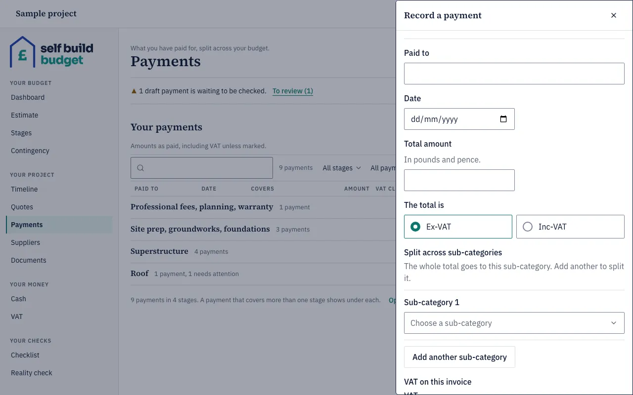 The Record a payment panel on a desktop