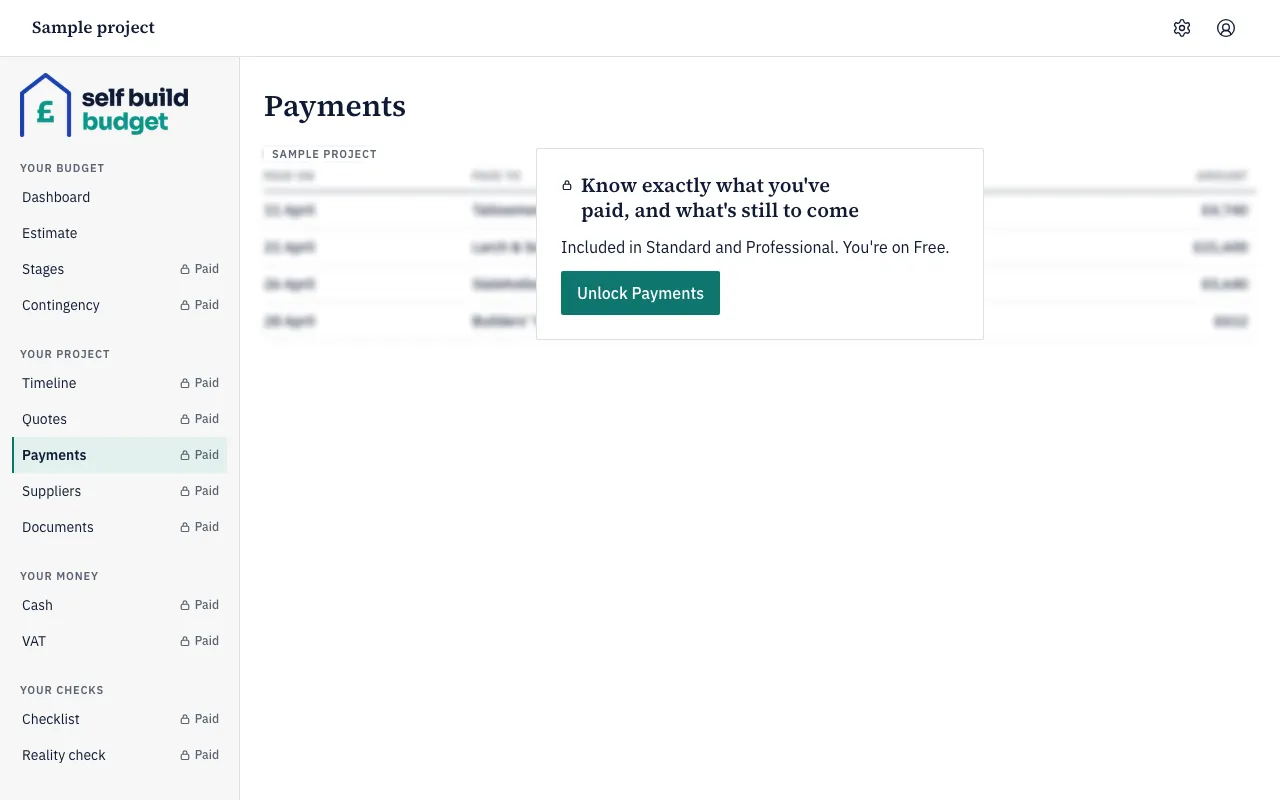 Payments on Free: a blurred sample project and the Unlock Payments button
