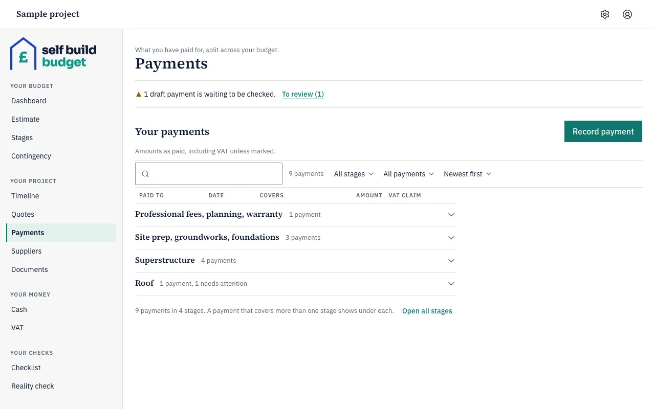 The Payments page, with payments grouped by stage and the Record payment button