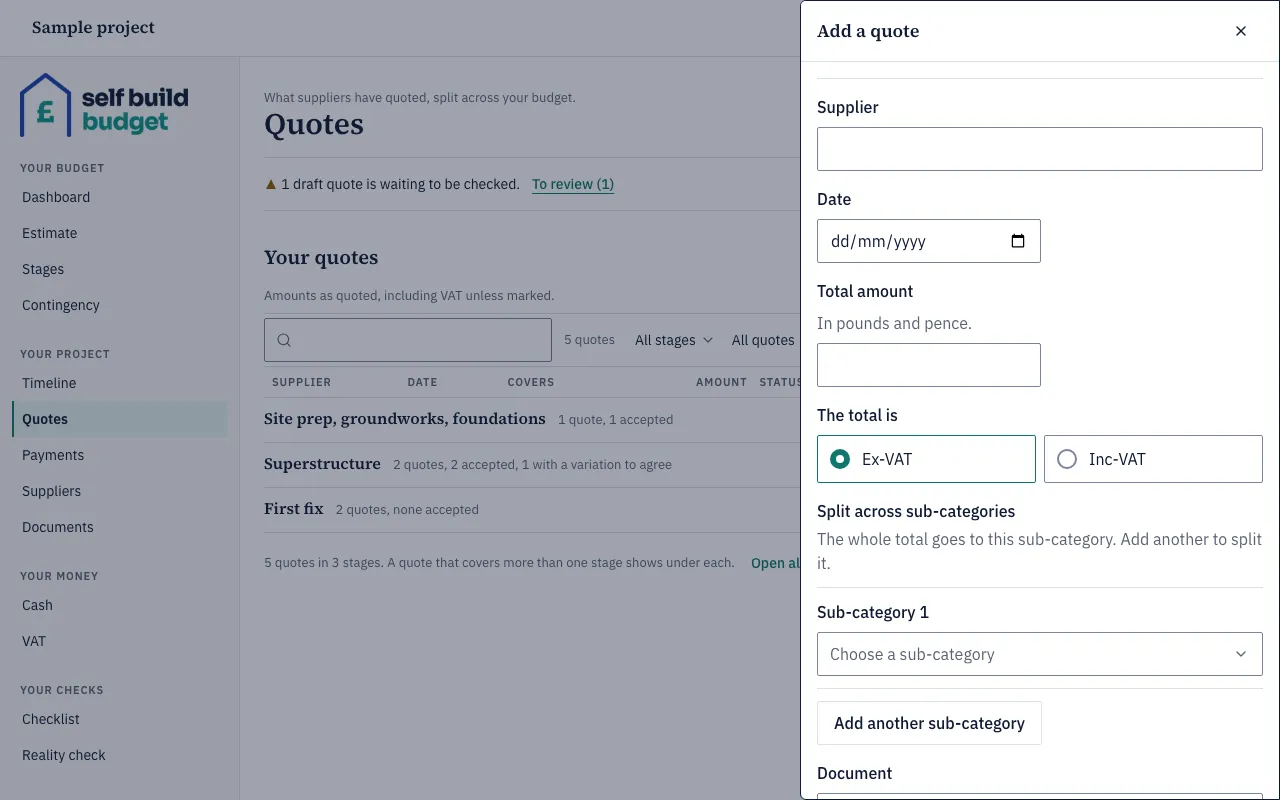 The Add a quote panel on a desktop, with Supplier, Date, Total amount and The total is