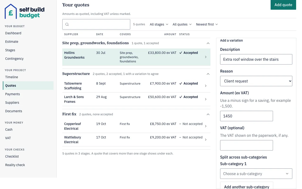 The Add a variation panel on an accepted quote, with a description, reason and amount filled in
