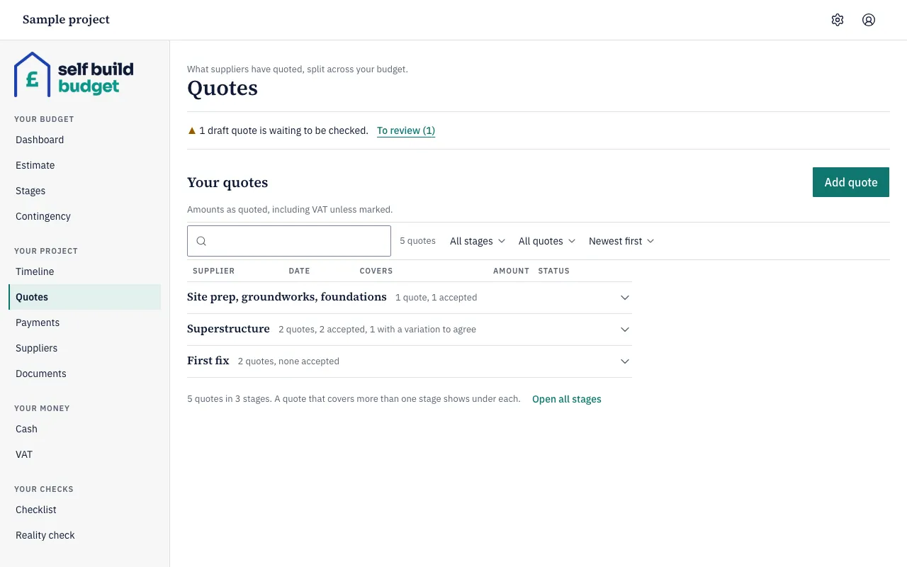 The Quotes page on a desktop, with quotes grouped by stage and an Add quote button