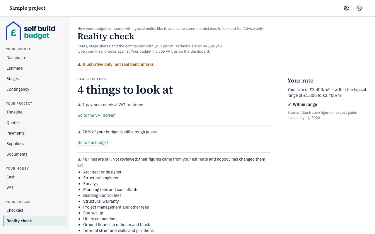 The Reality check page, with the health checks on the left and the Your rate panel on the right