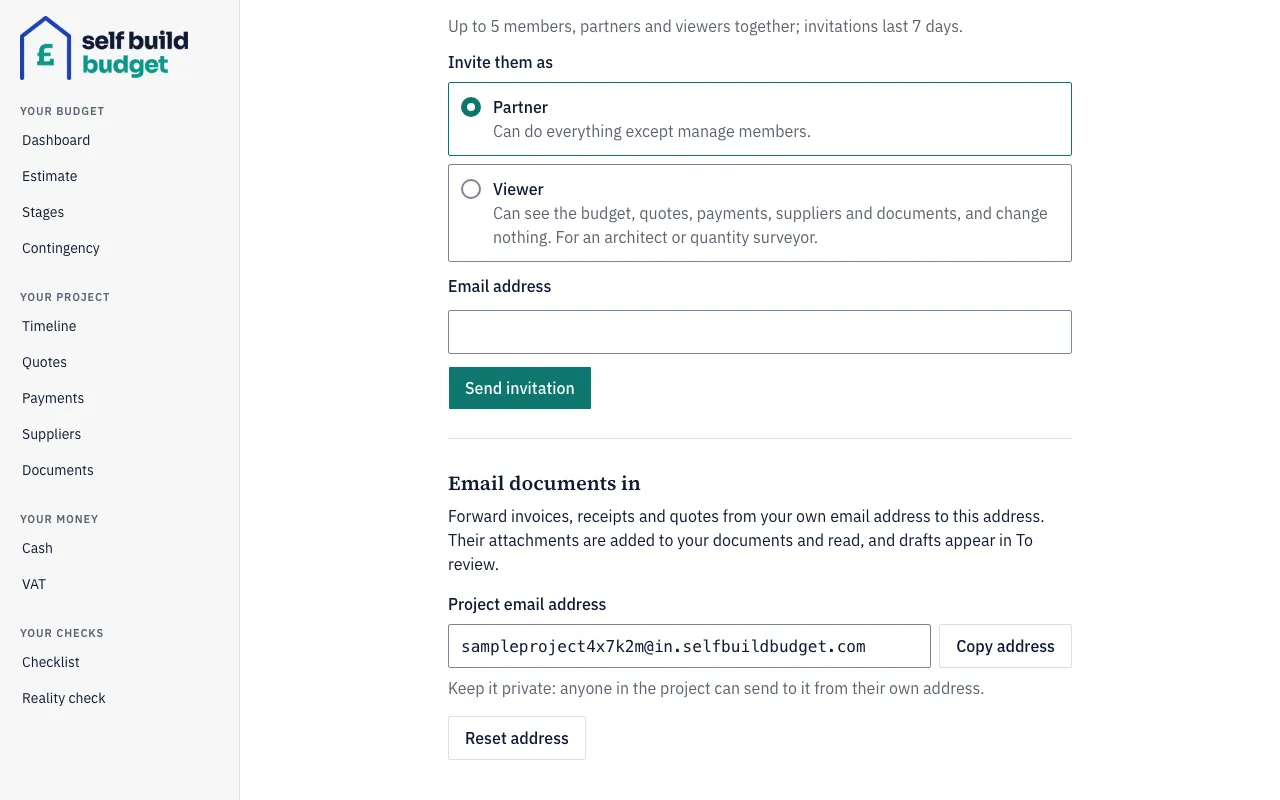 The Email documents in section of Settings, with the project email address, Copy address and Reset address