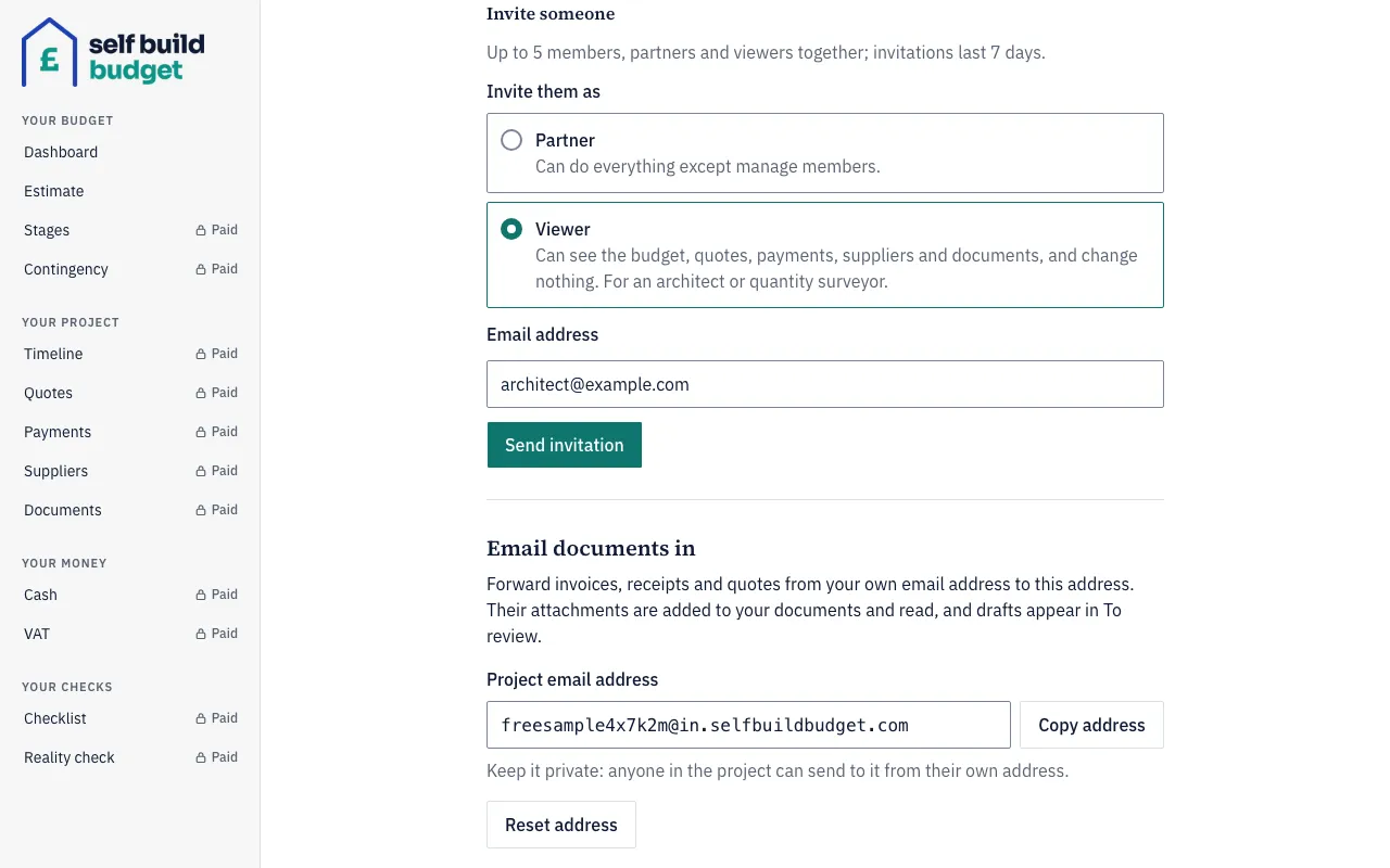 The Invite someone form with Viewer chosen and an email address typed in