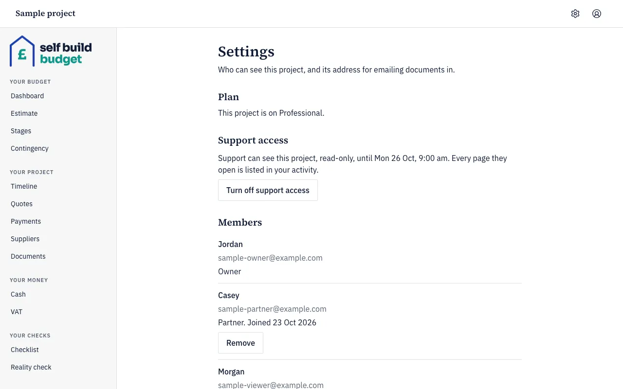 Settings page with the Plan heading saying the project is on Professional