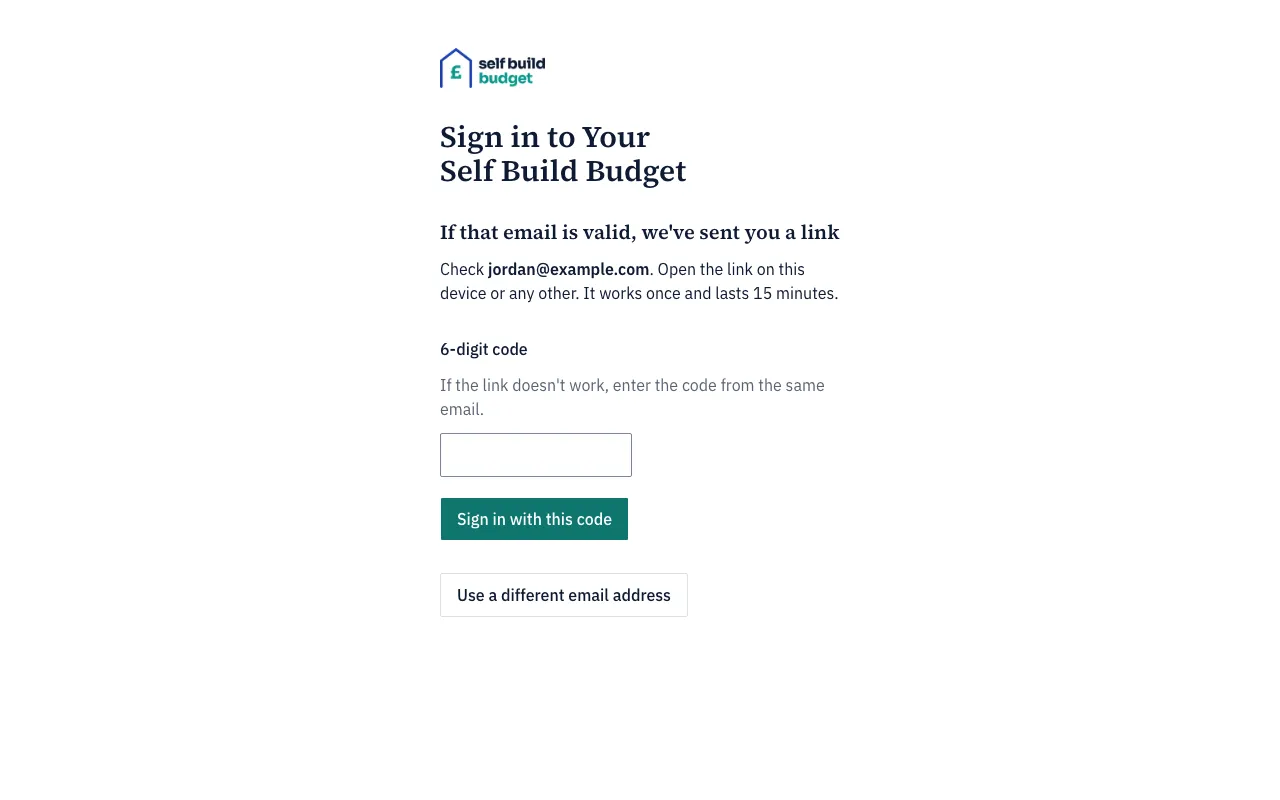 The page after asking for a link, with the 6-digit code field and the Use a different email address button
