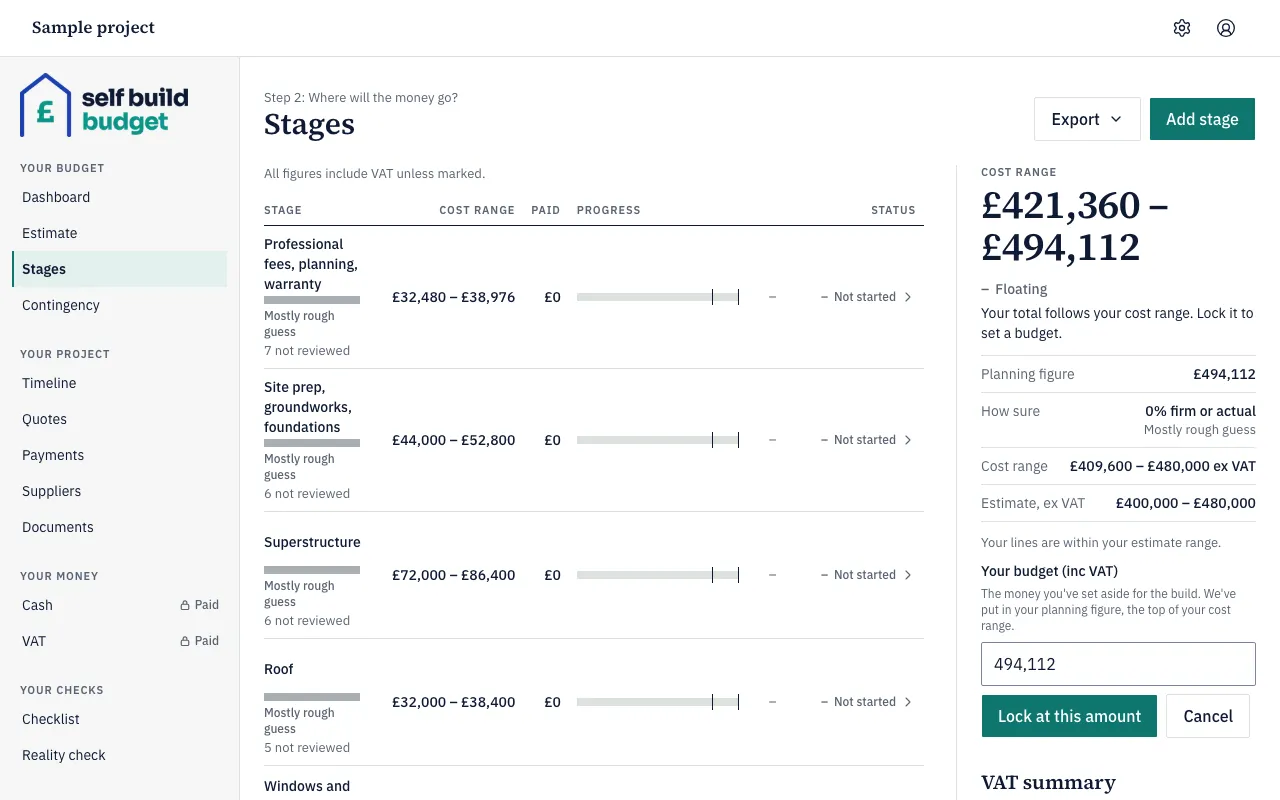 The Stages page with the cost range panel open and the Your budget (inc VAT) field showing 494,112, above the Lock at this amount and Cancel buttons