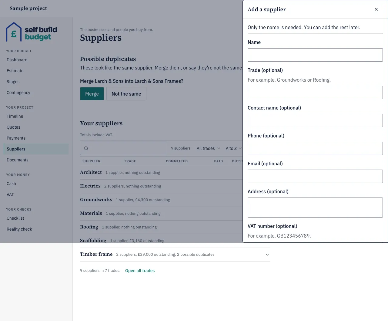 The Add a supplier form, with Name and the optional trade, contact, phone, email, address and VAT number fields