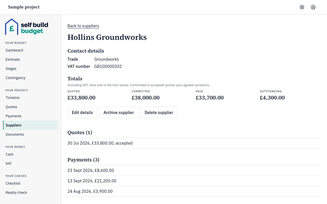 One supplier's page, with contact details, totals, and lists of their quotes and payments