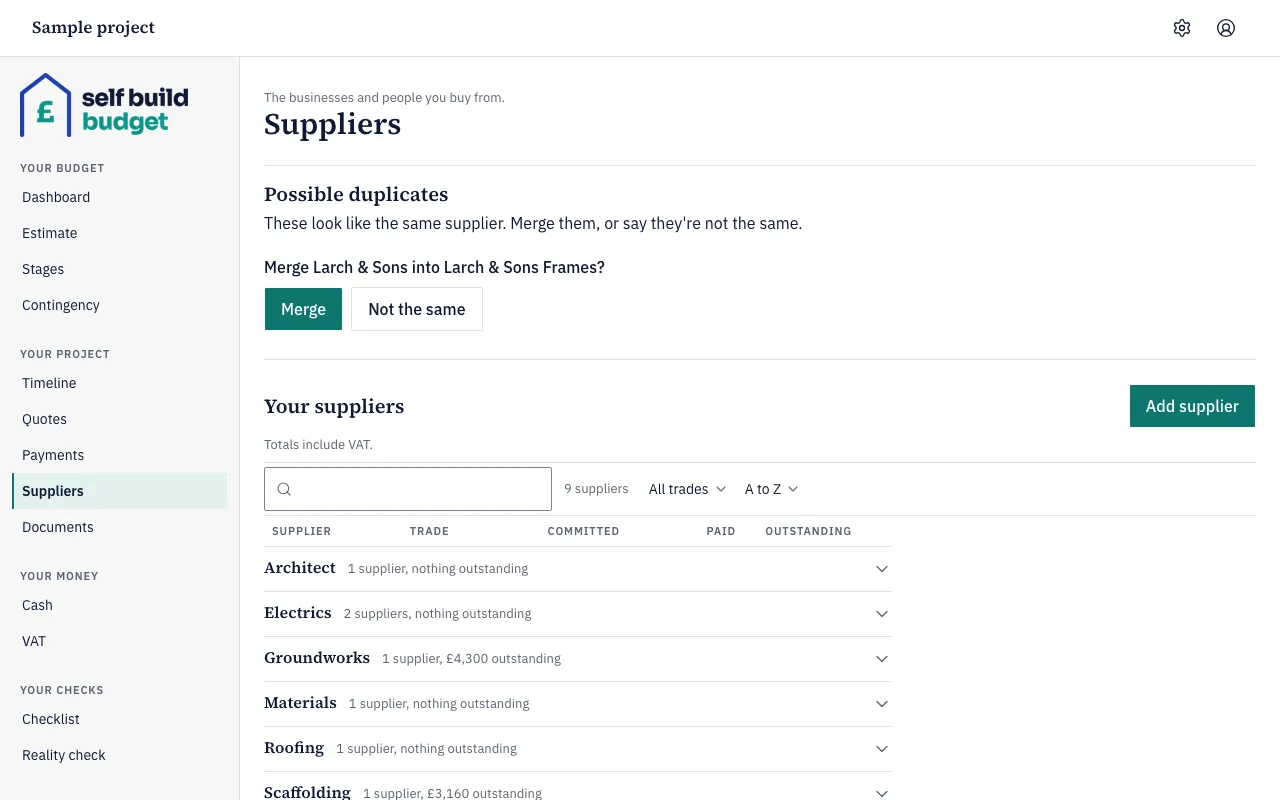 The Suppliers page, with a possible duplicate to merge above the list of suppliers grouped by trade