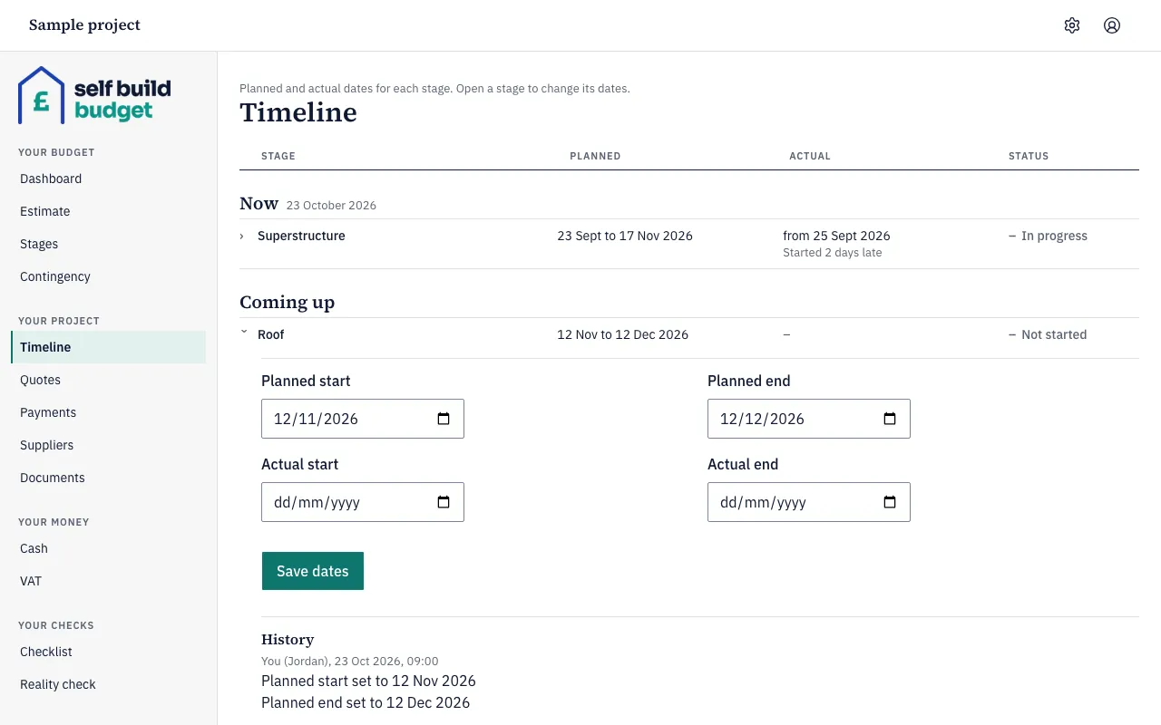 A stage opened on the Timeline, with Planned start, Planned end, Actual start and Actual end and the Save dates button